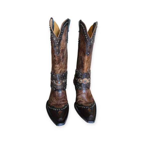 Old Gringo Brown Western Distressed Leather Studded Pointed Toe Cowboy Boots - Picture 2 of 9